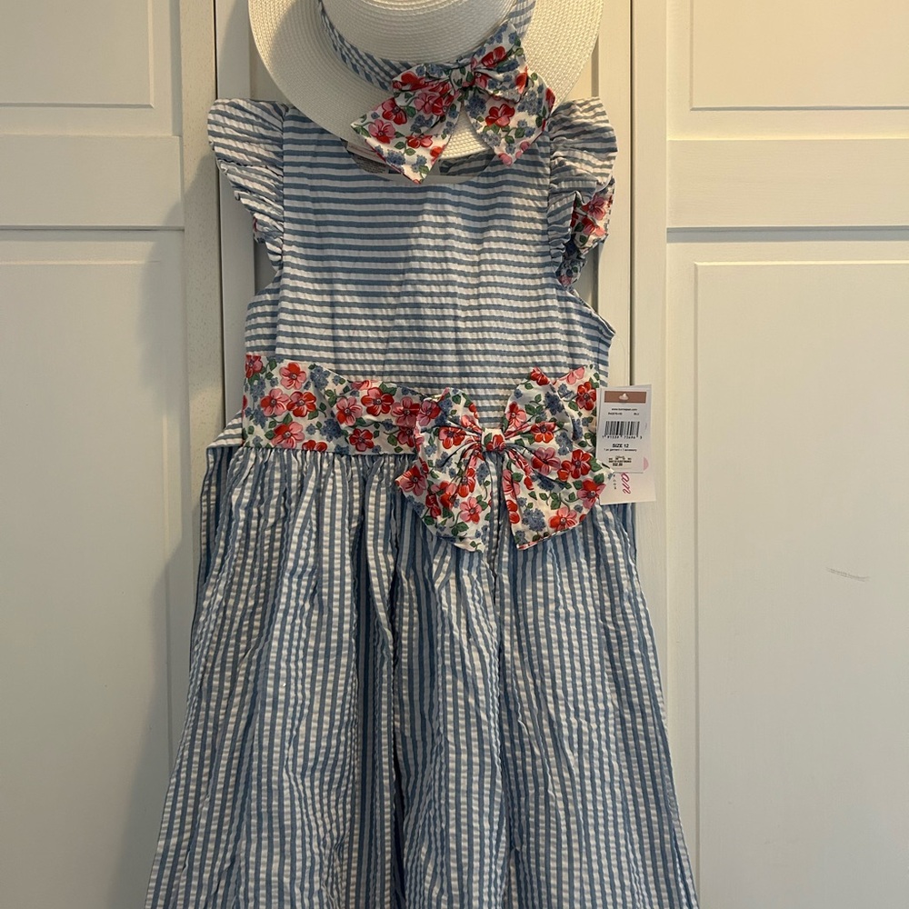 Blue & White Seersucker Floral Bow Dress with Hat